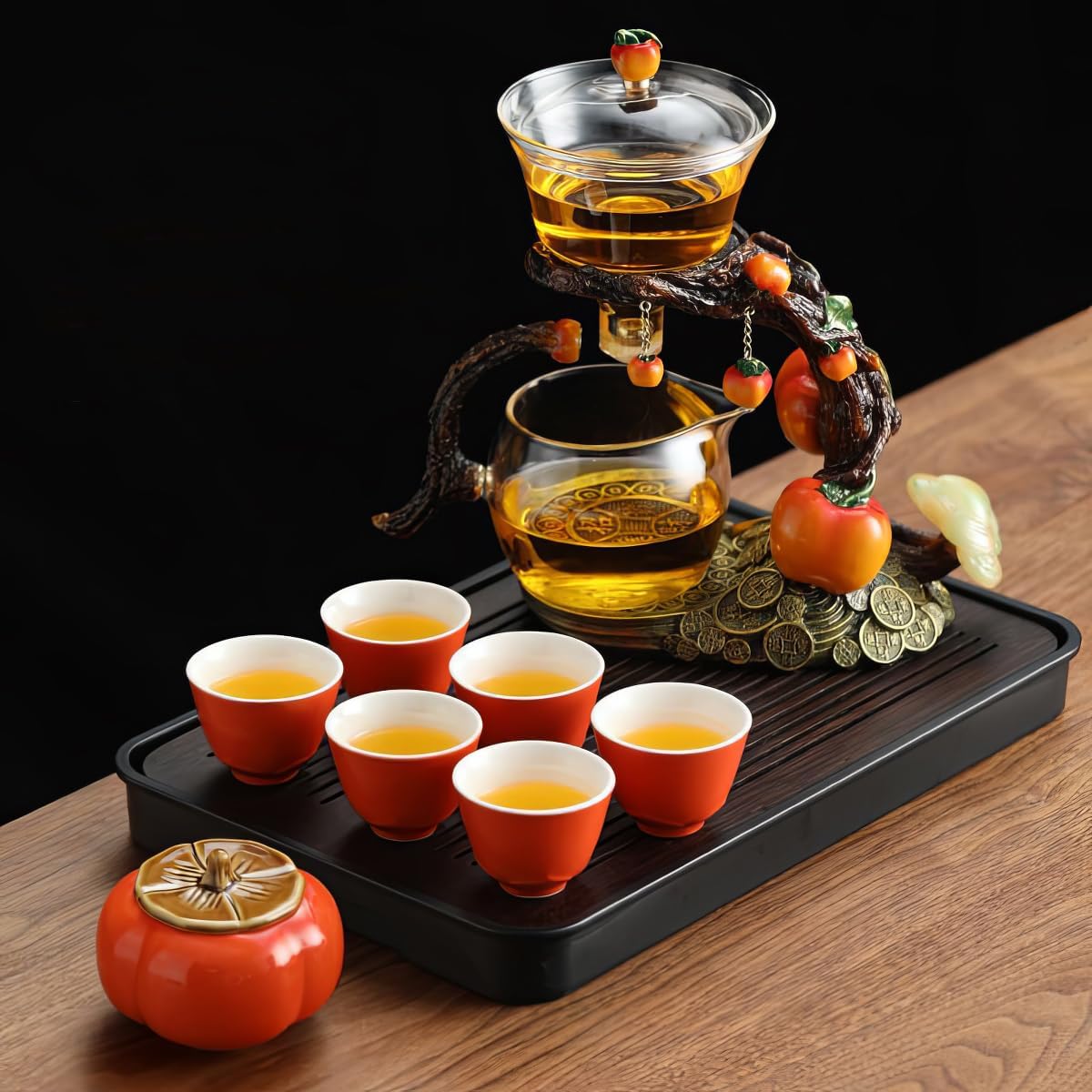 Lazy Kungfu Magnetic Tea Pot, Semi Automatic Glass Teapot, Heat Resistant Kungfu Drip Tea Set, Magnetic Attraction Water Rotating Cover Bowl Suitable for Home/Office (Transparent color)